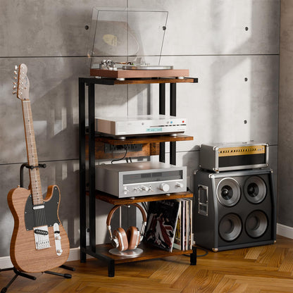 X-cosrack 4-Tier AV Media Stand with Power Strips, Wooden Corner Shelf Component Cabinet Stereo Audio Rack Stand Tower Perfect for DVD Players:Game Console:TV Box:Cable Box:Xbox:WiFi Router