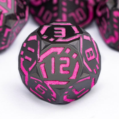 Metal DND Sci-fi Dice Set 7PCS Luminous Pink Stripe Polyhedral Dice for Dungeons Dragons RPG Role Playing Game, Glitter D and D Dice with Gift Box D6 D8 D10 D12 D20