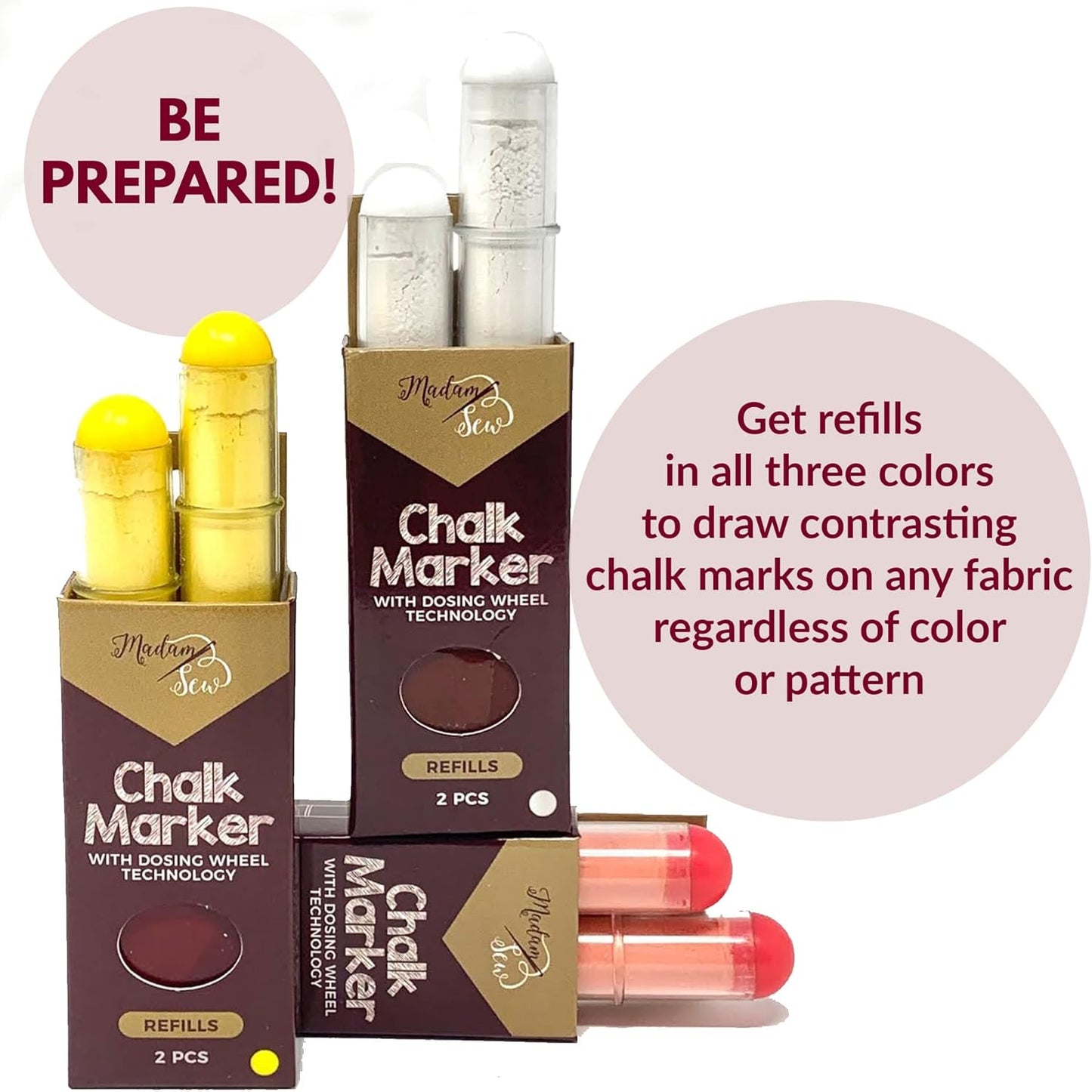 Madam Sew Fabric Chalk Markers for Sewing & Quilting | Refillable Tailors Chalk for Fabric Marking with Dosing Wheel | Ideal for Marking on Cotton, Knit, Suede [Red]