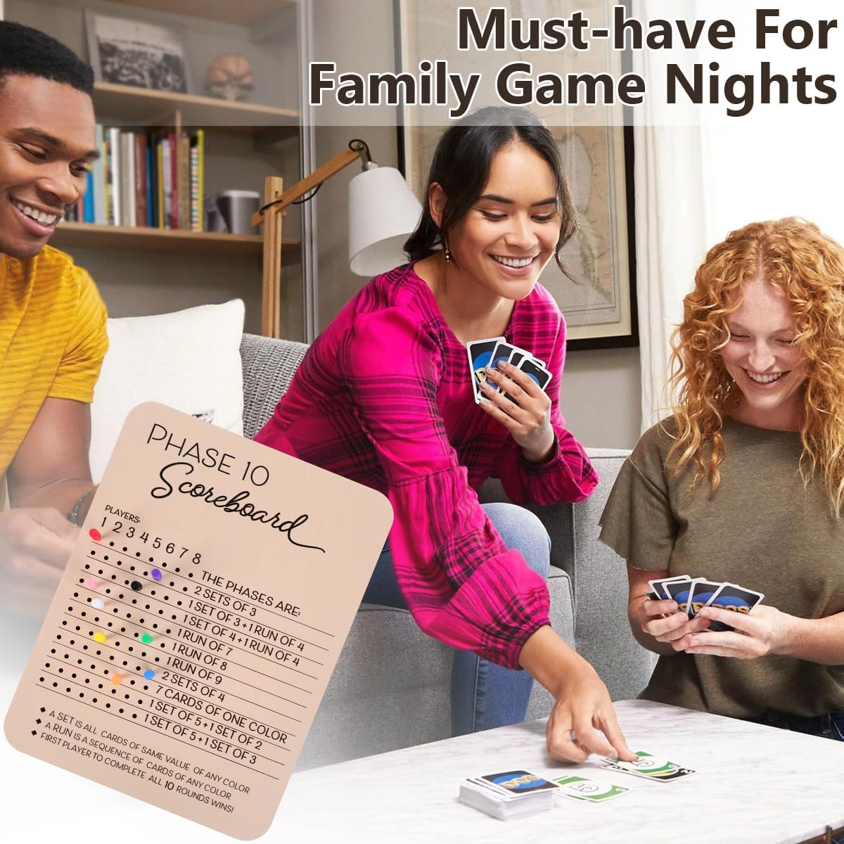 Phase 10 Score Board, Wooden Phase 10 Scoreboard, Phase 10 Score Sheets with 8 Colored Pegs, 10 Scorecard and Round Tracker, Classic Family Adults Board Card Games Night Table Score Boards