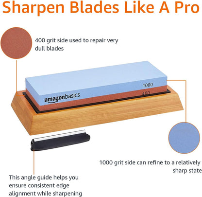 Amazon Basics Whetstone Knife Sharpening Wet Stone Dual Sided 400/1000 Grit with Non-Slip 1 Pc, Bamboo Base, Black & Grey