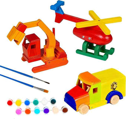 Easy Playhouse: Wood Building Toy Kit - DIY 3 Vehicle Projects: Helicopter, Truck & Excavator, 12 Paint Colors & 2 Brushes, Arts & Craft Set, Kids 8+