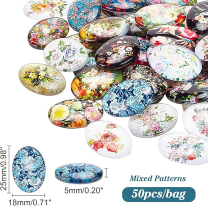 PH PandaHall 50pcs Oval Glass Cabochons, 25x18mm Flower Printed Glass Cabochons Vintage Mixed Color Mosaic Tile for Craft Photo Pendant Earring Necklace Keychain Jewelry Making