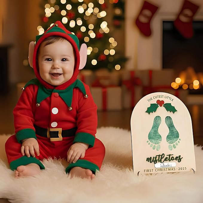 DIY Baby Footprint Keepsake Board with Name Box - Pen/Paint Not Included, Personalized Baby’s First Christmas 2025, Mistletoes Footprint Art, Nursery Footprint Decorative for Baby Shower Newborn
