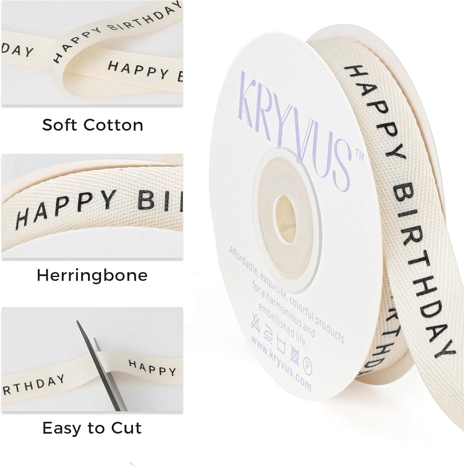 Happy Birthday Ribbon - 5/8 Inch x 12 Yards Natural Twill Tape Ribbon, Cotton Herringbone Ribbons for Gift Wrapping, Birthdays, Christmas, Anniversaries, Mother's Day - Crafty Corner