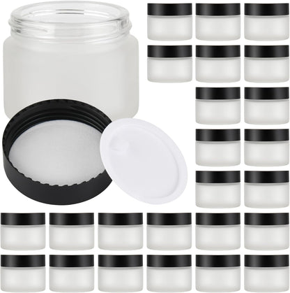 Glass Jars with Lids,Eco-Friendly Cosmetic Containers with Airtight Black Lids & Liners, Multi-Color Options for Cream, Lotion, Body Butter, DIY Skincare Travel Jars (Clear Frosted, 2oz)