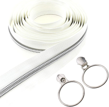 Leekayer #5 Silver Metallic Nylon Coil Zippers by The Yard Bulk 10 Yards White Zipper Tape with 25pcs Silver Ring Pull Sliders for DIY Sewing Tailor Craft Bag(White)