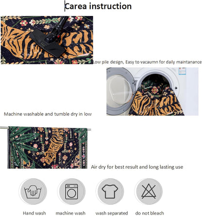 Oriental Tropical Washable Rugs, Thin Black Boho Vintage Distressed Hippie 4x6 Area Rugs for Living Room Bedroom Kitchen Entryway Dorm, Abstract Botanical Animal Tribal Indian Accent Carpet