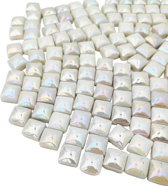 1.1lb Crystal Glass Mosaic Tiles for Crafts, 0.6"x 0.6" Square Mosaic Glass Pieces for Artwork,Garden Kit Decor (Plated White)