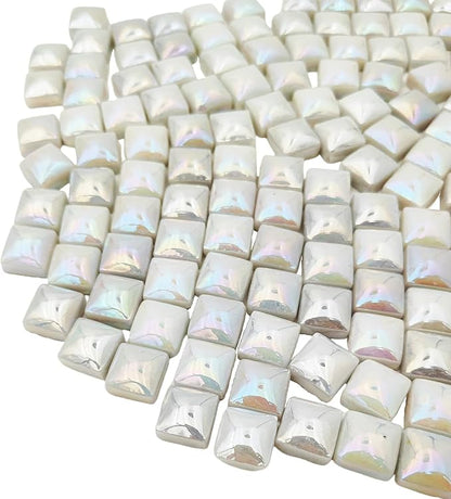 1.1lb Crystal Glass Mosaic Tiles for Crafts, 0.6"x 0.6" Square Mosaic Glass Pieces for Artwork,Garden Kit Decor (Plated White)