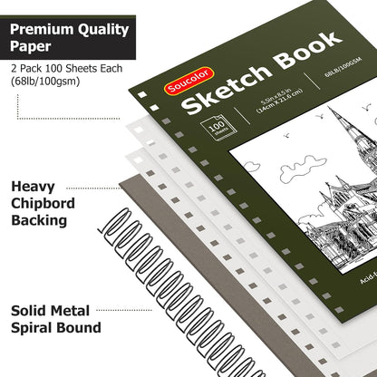 Soucolor 5.5" x 8.5" Sketchbook Pack of 2, 200 Sheets Blank Journal Notebook, A5, Spiral Bound Sketch Pad Drawing Book Acid-Free Paper (68lb/100gsm), Painting Sketching Drawing Notebook Art Supplies - Crafty Corner