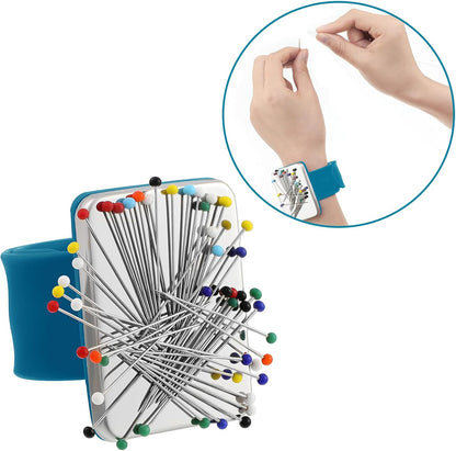 Magnetic Wrist Sewing Pincushion with 100 Pieces 1.5 Inch Ball Head Sewing Pins Set Wrist Magnetic Pin Holder Gift Supplies(Dark Blue)
