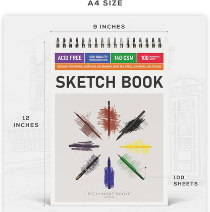 BEECHMORE BOOKS 9x12 Spiral Sketchbook – 140 GSM Acid-Free Paper, 100 Perforated Pages, A4 Art Sketch Pad for Drawing & Sketching, Artists, Adults - Crafty Corner