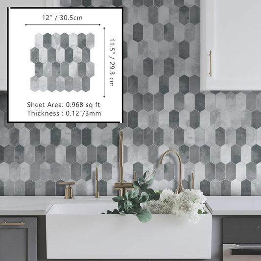 The Tiles Plaza 10-Sheet Peel and Stick Backsplash, Grey Cement Long Hexagon Self Adhesive Wall Tile, Stone Composite Stick On Decorative Mosaic Tile for Kitchen Bathroom Fireplace