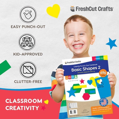 Basic Shapes 2: Hearts, Stars, Hexagons, Rectangles, 696 Pieces US Made Card Stock Punch Out Geometric Shapes in 3 Sizes and 4 Primary Colors for Math, Pattern Play and DIY Crafting - Crafty Corner