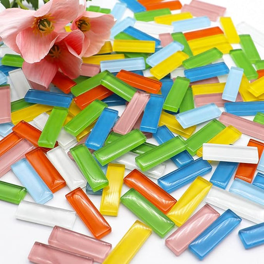 LITMIND 162Pcs / 1.1LB Mixed Colors Mosaic Glass Tiles - 1.26" x 0.4" Crystal Glass Long Strips, Ideal for Stained Glass Art, Handmade Craft, and Home Decor