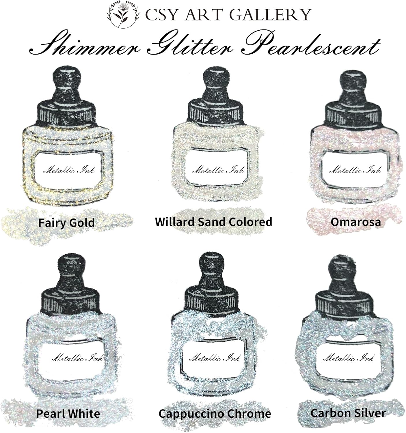 CSY art gallery Metallic -Pearlescent-Glitter Acrylic Ink -Shining Calligraphy Paint -Silver, Rose Gold Rich Pigments Perfect for Artists, Canvas, Rocks, Wood, Fabric, Ceramic (Galaxy Starlight Set) - Crafty Corner