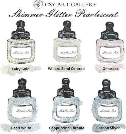 CSY art gallery Metallic -Pearlescent-Glitter Acrylic Ink -Shining Calligraphy Paint -Silver, Rose Gold Rich Pigments Perfect for Artists, Canvas, Rocks, Wood, Fabric, Ceramic (Galaxy Starlight Set) - Crafty Corner
