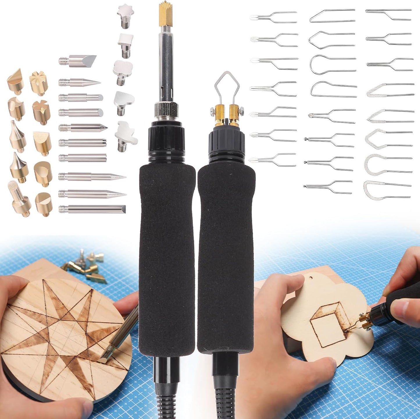 YIHUA 939D-VII Pyrography Tool Wood Burning Pen Kit Station 2-in-1 Solid-Point 200~480°C (with Temp Display)/Wire-Nib 250~750°C with 23 Nibs, 25 Solid Points, 4 Woodpieces - Crafty Corner