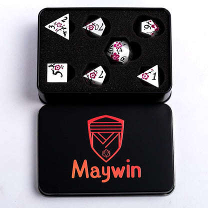 DND Metal Dice Set,7pcs Set Flower Metallic Dice Set with Box,RPG Polyhedral Dice for Table Game (Silver-Purple)