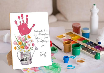 Mother's Day Flower Handprint Art Wooden Making Sign, Baby's First Mothers Day Handprint Keepsake for Family Activities, Gifts for Mom Grandma Grandmother First Time Mom, 9x12 Inch