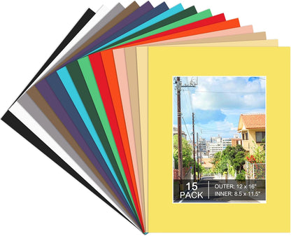 15 Pack 12x16 Picture Mats, Mixed Colors Frame Mattes for 9x12 Pictures Photo Frame Mat Core Bevel Cut Mat Board Show Kit for Photos, Prints, Artworks