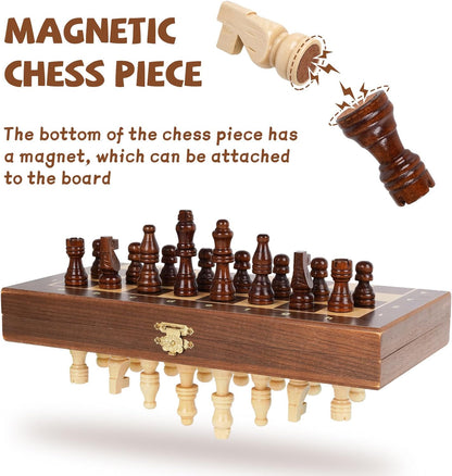 Magnetic Travel Chess Set 12-inch Wooden Magnetic Chess Board 2 Extra Queen Folding Chessboard for Storage Toys & Games for Adults Vintage Chess Game – Family Board Games Educational Toy Sets
