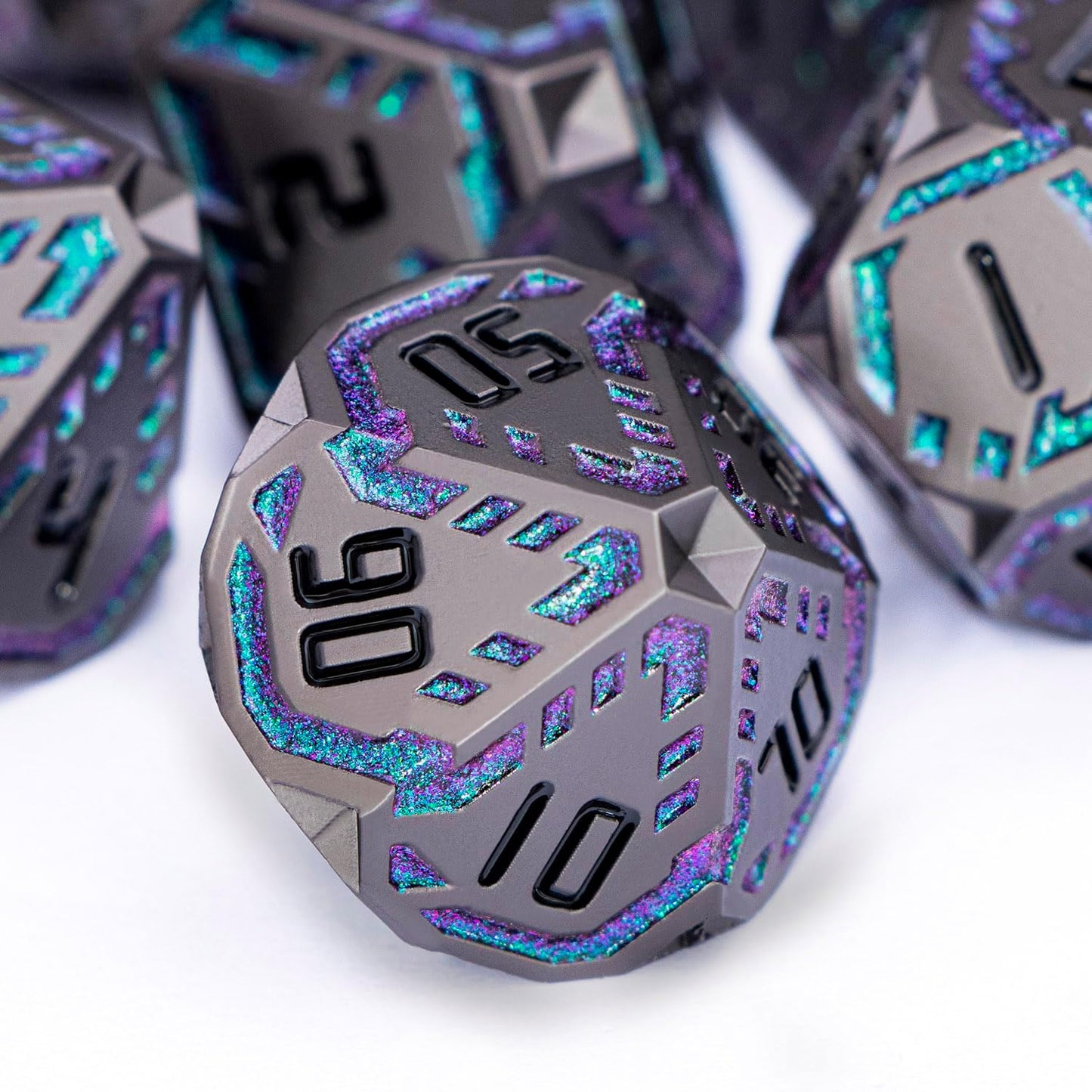 Metal DND Sci-fi Dice Set 7PCS Stripe Polyhedral Dice for Dungeons Dragons RPG Role Playing Game, Glitter D and D Dice with Gift Box D6 D8 D10 D12 D20 (Black&Green Purple)