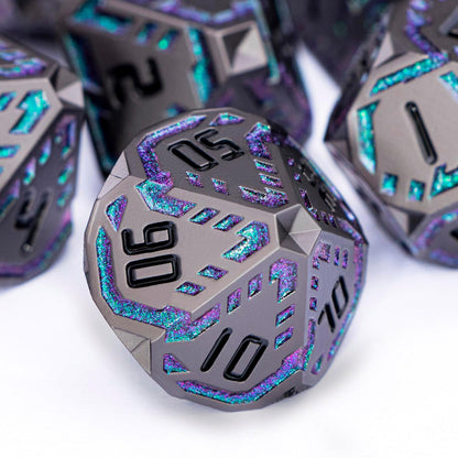 Metal DND Sci-fi Dice Set 7PCS Stripe Polyhedral Dice for Dungeons Dragons RPG Role Playing Game, Glitter D and D Dice with Gift Box D6 D8 D10 D12 D20 (Black&Green Purple)