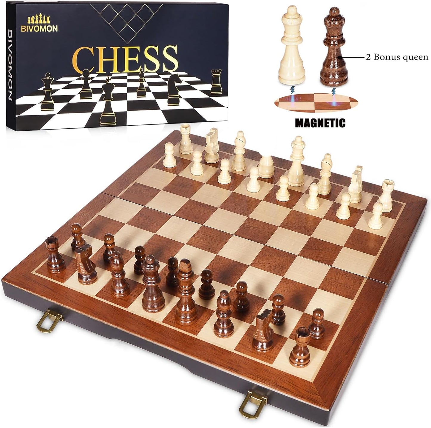 Magnetic Wooden Chess Set 15" Unique Chess Board Game with Chess Pieces Storage Slots, Tournament Portable Folding Travel Chess Sets for Kids Adults Beginner and Pros, 2 Extra Queens