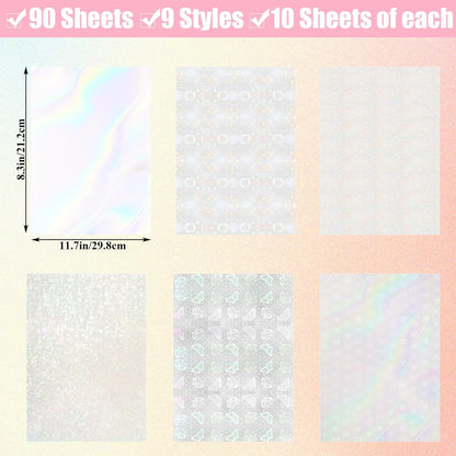 STARVAST 90 Sheets Holographic Sticker Paper, Transparent Holographic Vinyl Laminate Sheets, Self Adhesive A4 Size Printable Holographic Paper with Gem Rainbow Spot Star Patterns
