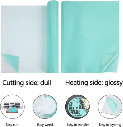 guangyintong Glow Glitter Cyan Heat Transfer Vinyl HTV Rolls, 12" x 8ft Iron on Vinyl for T-Shirts, Glitter HTV Vinyl for All Cutter Machines Easy to Cut & Weed for DIY Design