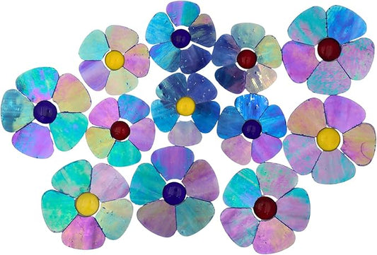 Yuvori Iridescent Flower Mosaic Tiles – 12pcs Mixed Sizes, 5-Petal Iridescent Mica Flowers with Center Beads for DIY Mosaic Art, Fairy Garden, Home Craft, Outdoor Decor (Iridescent Royal Blue)