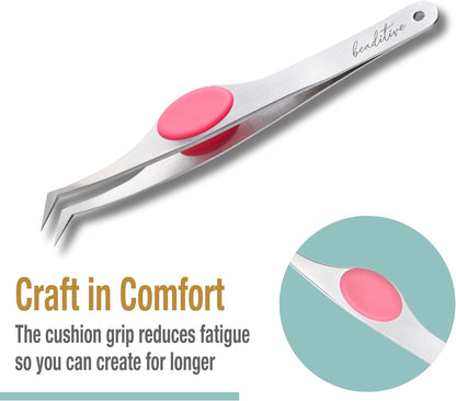 Beaditive High Precision Angled Tip Tweezers with Cushion Grip - 4.7" Craft Tweezers for Sewing, Beading & DIY Crafts - Non-Serrated Jewelry Tweezers with Fine Angled Tips - Stainless Steel (Fuchsia)
