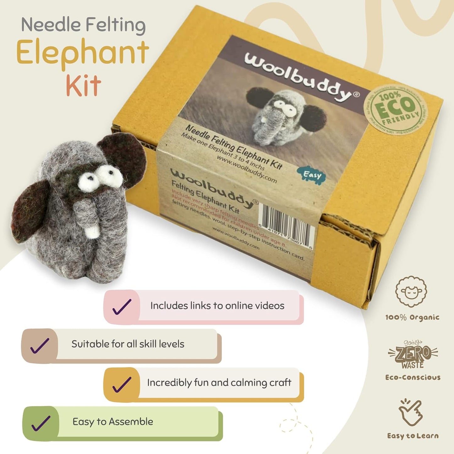 Woolbuddy Needle Felting Kit for Beginners & Adults – Elephant DIY Felt Animal Starter Kit with Natural Wool Roving, Felting Needles & Step-by-Step Instructions