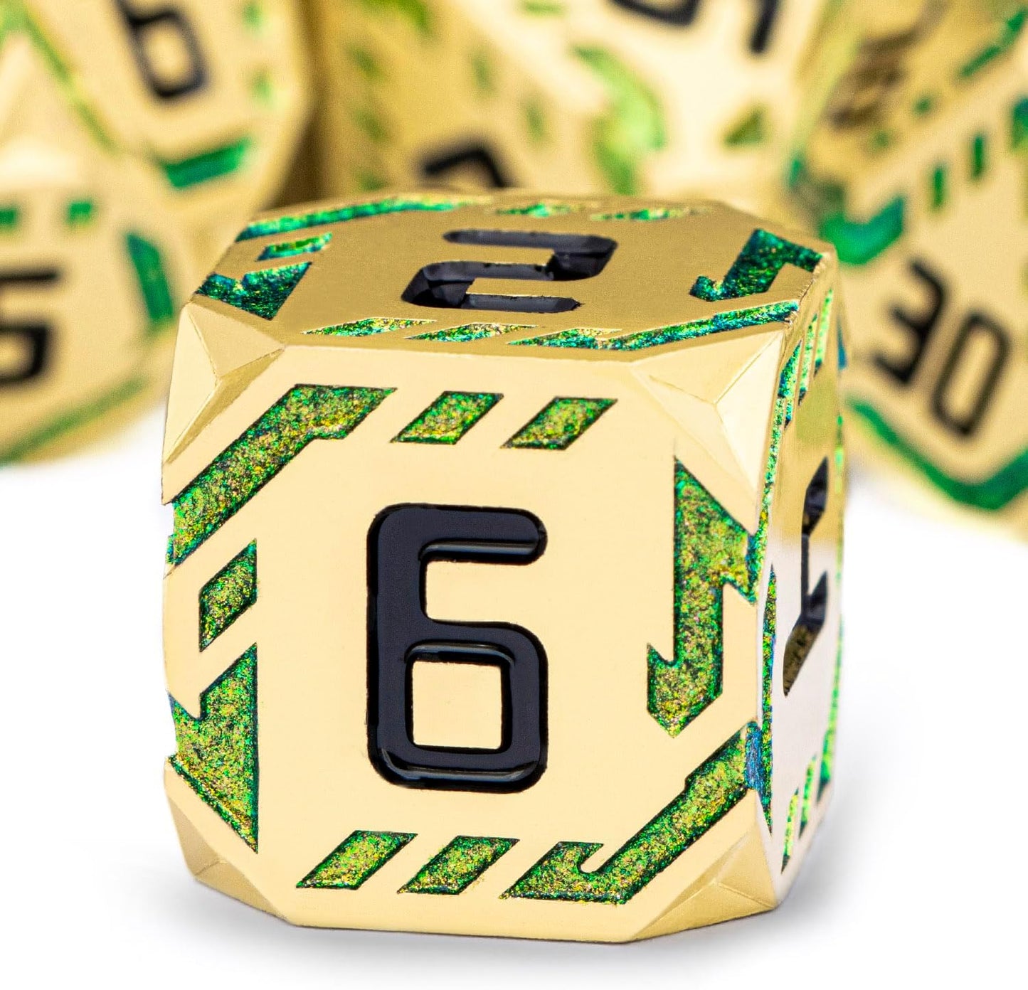 Metal DND Sci-fi Dice Set 7PCS Stripe Polyhedral Dice for Dungeons Dragons RPG Role Playing Game, Glitter D and D Dice with Gift Box D6 D8 D10 D12 D20 (Golden Green)