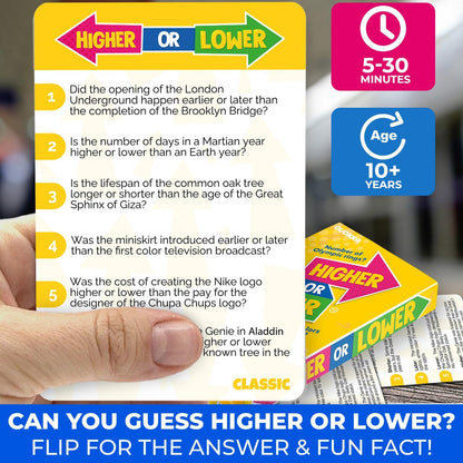 QUOKKA Trivia Board Games for Kids and Adults - Version V2.0 - Family Night Board Game 4xSet Higher or Lower Trivia Cards | Guess Fun Questions | 2 + Players - Challenge Your General Knowledge
