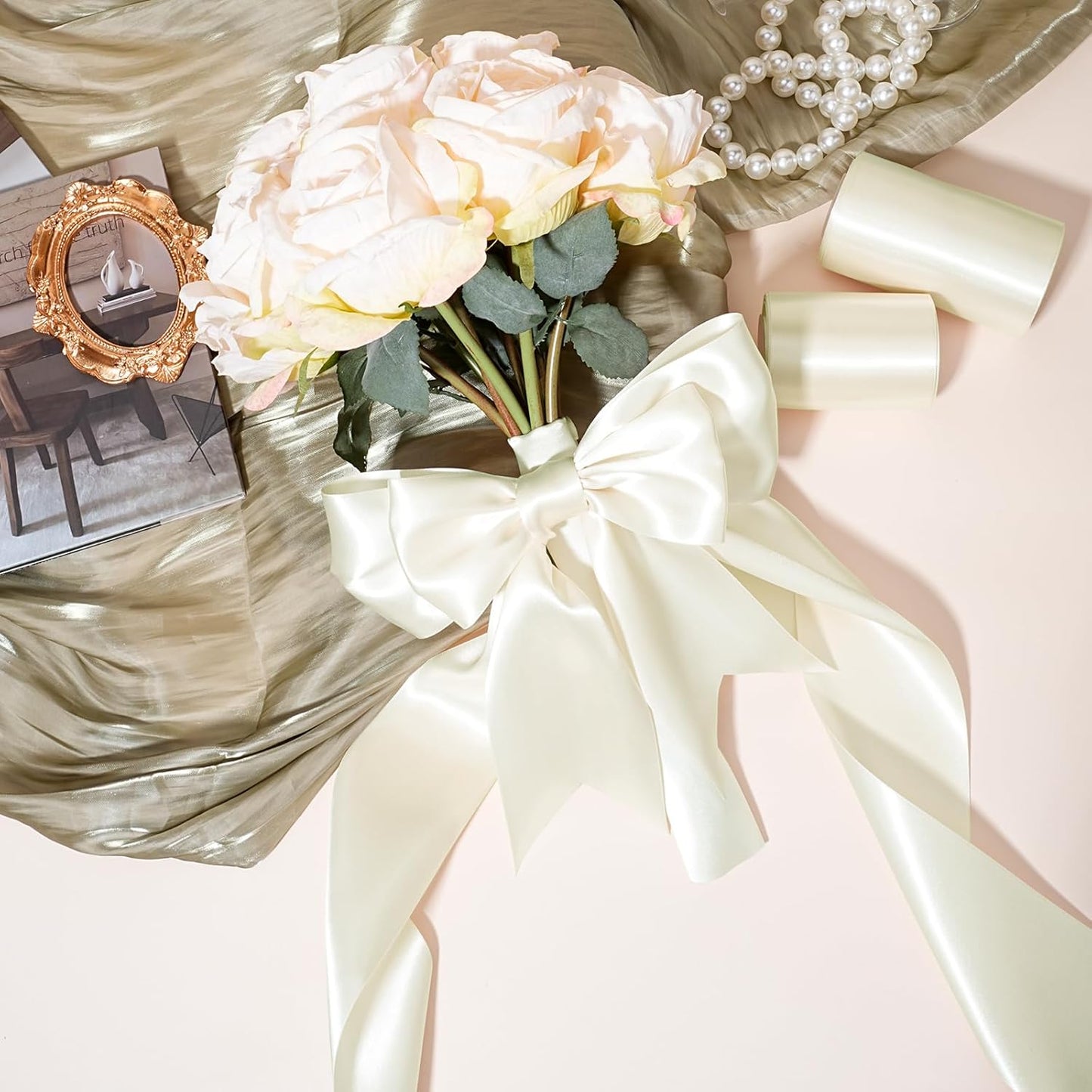 LaRibbons Ivory Satin Ribbon 4 Inch 10 Yards Double Faced Luxury White Cream Silk Ribbon for Gift Wrapping Flower Bouquets Bow Christmas Wedding Party Decoration - Crafty Corner