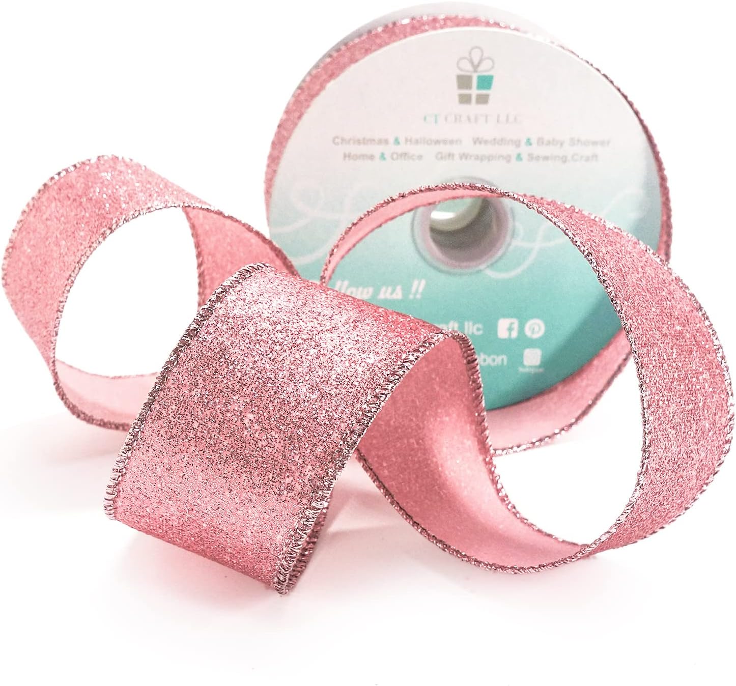 CT CRAFT LLC Glitter Wired Ribbon 1.5" x 10 Yards Rose Gold for Christmas Home Decor Bow Gift Wrapping DIY Crafts Wreath - Crafty Corner