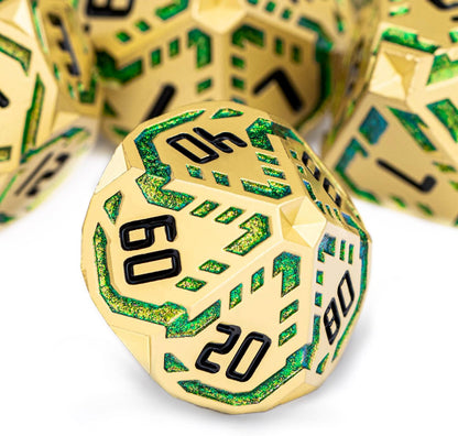 Metal DND Sci-fi Dice Set 7PCS Stripe Polyhedral Dice for Dungeons Dragons RPG Role Playing Game, Glitter D and D Dice with Gift Box D6 D8 D10 D12 D20 (Golden Green)