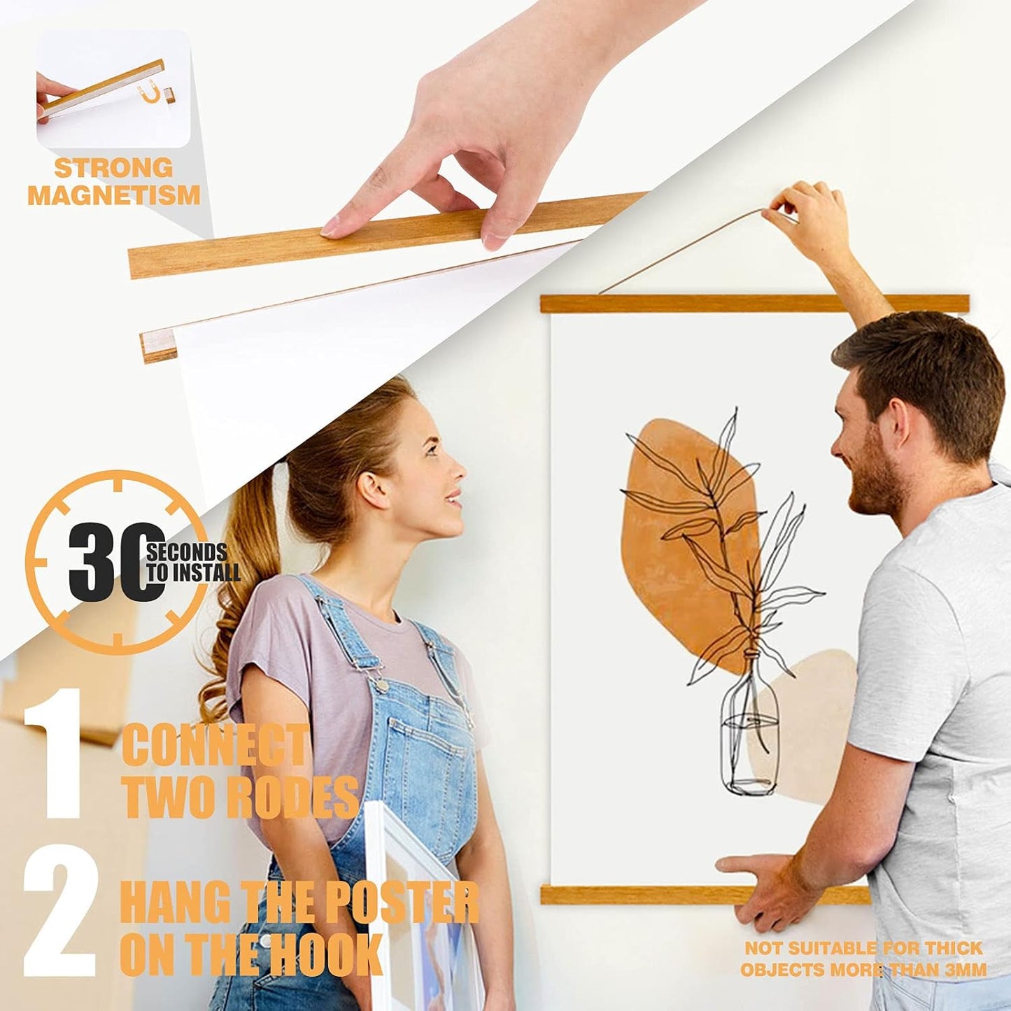 Ywlake Magnetic Poster Hanger, 12x18 12x16 12x24 Poster Frame Wood Wooden Magnet Print Posters Dowel Scroll Hanger Hangers Hanging Kit for Walls Map Canvas Artwork (Teak Wood, 12")