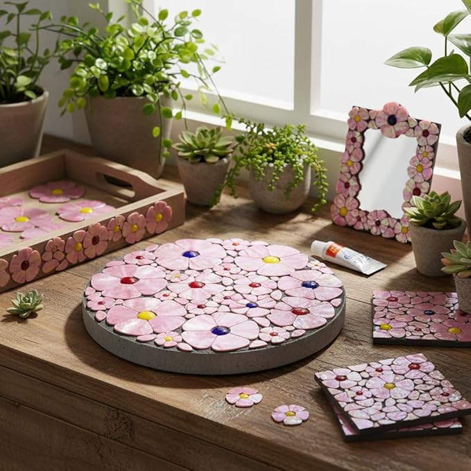 Yuvori Iridescent Flower Mosaic Tiles – 12pcs Mixed Sizes, 5-Petal Iridescent Mica Flowers with Center Beads for DIY Mosaic Art, Fairy Garden, Home Craft, Outdoor Decor (Iridescent Mixed Color)