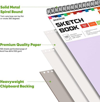 Soucolor 9" x 12" Aesthetic Sketch Book, 1-Pack 100 Sheets School Supplies Cute Sketchbook for Women, Japanese Stationary Sketching Supplies for Kids Teen Girl Gifts Birthday Gifts, Pastel Purple - Crafty Corner