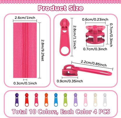 DOITEM 31 Yards 10 Pieces Sewing Zippers #3 Nylon Coil Zippers 10 Colors Assorted Zipper for Sewing with 40 Zipper Sliders for DIY Tailor Sewing Crafts Supplies,