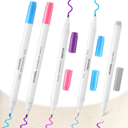 Fabric Markers for Sewing, 5 Count Pack, Includes 2 Water Soluble Fabric Marker 2 Air Erasable Pens 1 Eraser Marker, Disappearing Ink Pen, Sewing Quilting Embroidery Supplies
