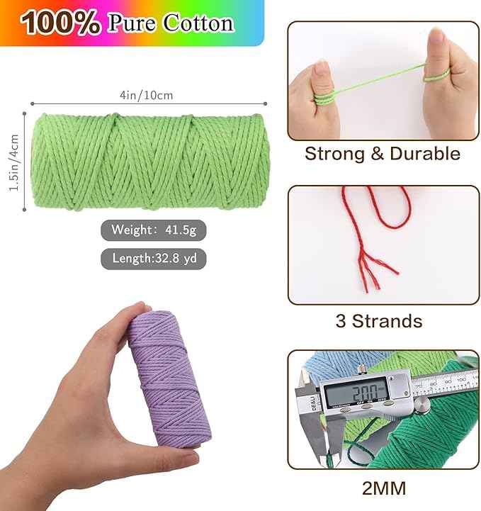 PHUNTTEK Macrame Cord 2mm x 590 Yards 18 Rolls Natural Cotton Cord 3 Stands Jute Twine String Soft Rope Assorted Colored Yarns for DIY Knitting Knotting Craft Macrame Project Supplies