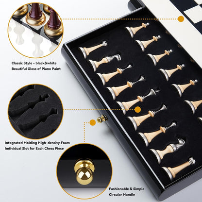 AMEROUS 16 Inches Wooden Chess Set, Large Size Board with 2 Built-in Storage Drawers - 2 Extra Queens - Metallic & Wooden Chess Pieces - Gift Packaging, Board Games for Adults and Kids