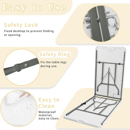 HAISIWLKJ Folding Table 8 FT Camping Table Portable Heavy Duty Plastic Rectangular Outdoor Dining Table Steel Legs Fold-in-Half with Carrying Handle for Indoor,Picnic,Party,Wedding,Events(White)