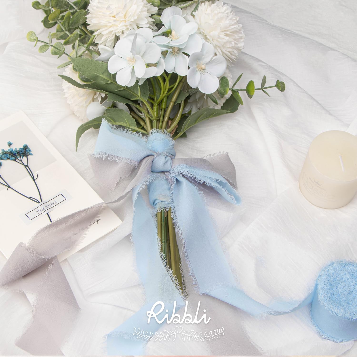 Ribbli Baby Blue Chiffon Ribbon 1-1/2 inch x 20 Yard Handmade Fringe Chiffon Silk Ribbon, Light Blue Ribbon for Wedding Invitations, Bridal Bouquets Wrapping, Flower Arrangement Decoration - Crafty Corner