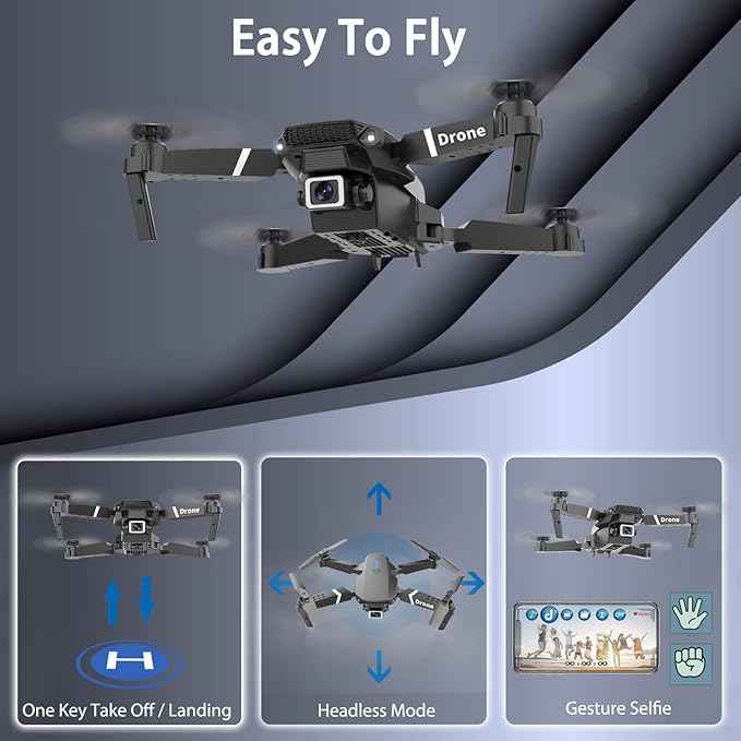 Drone With 1080P Camera for Adults Beginners Kids, Foldable RC Quadcopter, Toy Drones Gifts, FPV Drone Video, 2 Batteries, Carrying Case, One Key Start, Headless Mode, Waypoints fly, 360° Flips